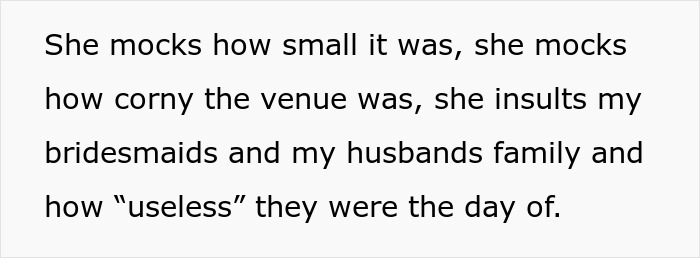 Text showing a woman clapping back at cousin insulting her wedding, defending her marriage and wedding day details.