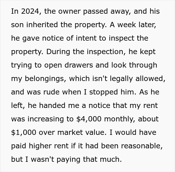 Text excerpt about landlord&rsquo;s inspection, rent increase to 4000 dollars, and tenant&rsquo;s response to malicious compliance.