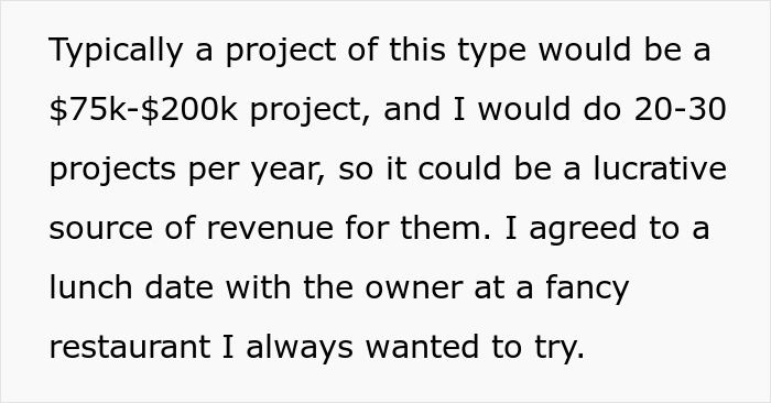 Text excerpt discussing controlling big money projects and potential revenue from $75k-$200k projects per year.