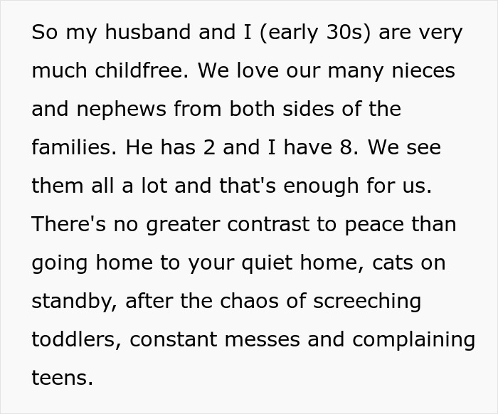 Text excerpt about a child-free lady explaining her peaceful life and relationship with nieces and nephews.