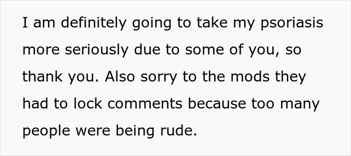 Text about taking psoriasis seriously and apologizing for locked comments due to rude responses on social media.