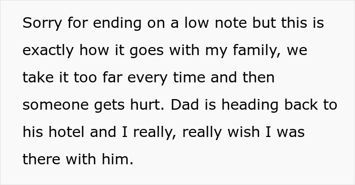 Text message expressing regret about family drama, mentioning the bride's dad heading back to his hotel alone.