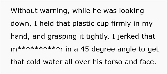 Text excerpt describing a wife giving her husband a cold shower as a reminder due to his bad memory.