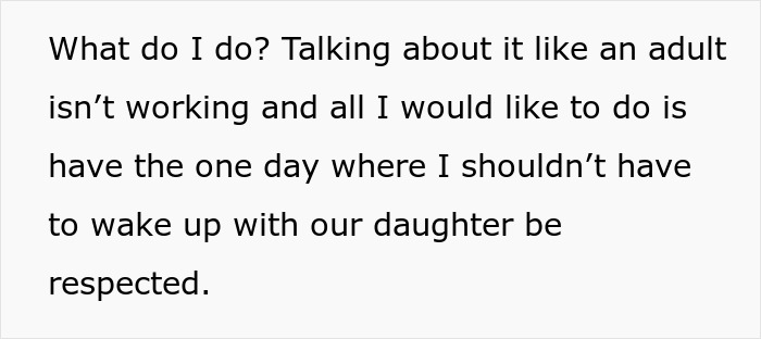 Text expressing frustration about lack of respect for one lazy morning as wife sacrifices sleep on Sunday deal.