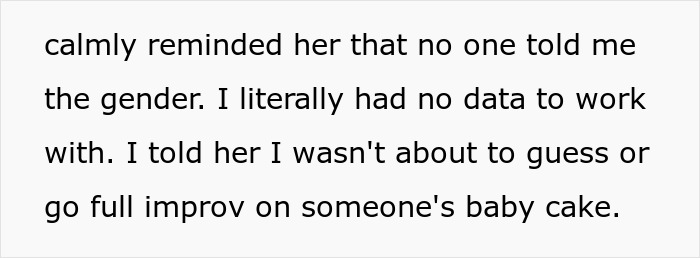 Text about gender reveal cake confusion, discussing issues with guessing baby gender and cake improv at the party.