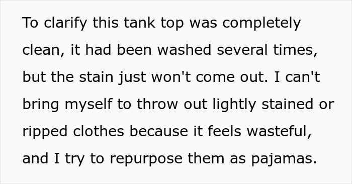 Text excerpt discussing a tank top stained after washing and repurposing clothes as pajamas to avoid waste.