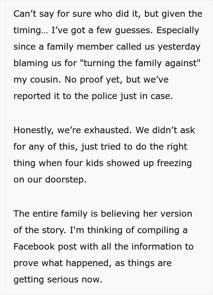Text excerpt discussing a mom exposing poor parenting by making cousin babysit, risking custody issues.