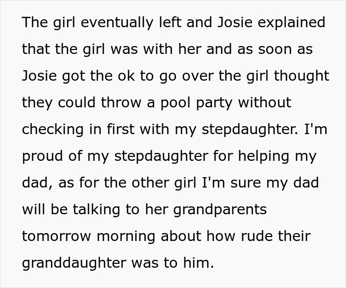 Text describing a friend stepdaughter pool party situation involving a misunderstanding and family discussion.