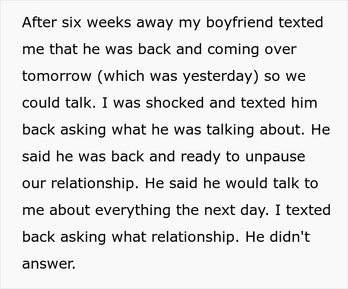 Text message excerpt about a man disappearing for weeks, then confronting his angry partner who adopted a dog despite his allergies.