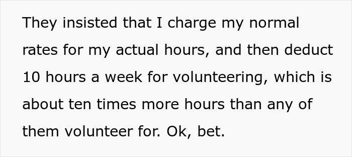 Text snippet highlighting an employee's claim about actual work hours and volunteering in a non-profit dispute.