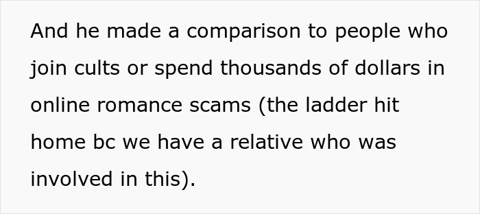 Text discussing a comparison to people joining cults or losing money in online romance scams, linked to mind control.