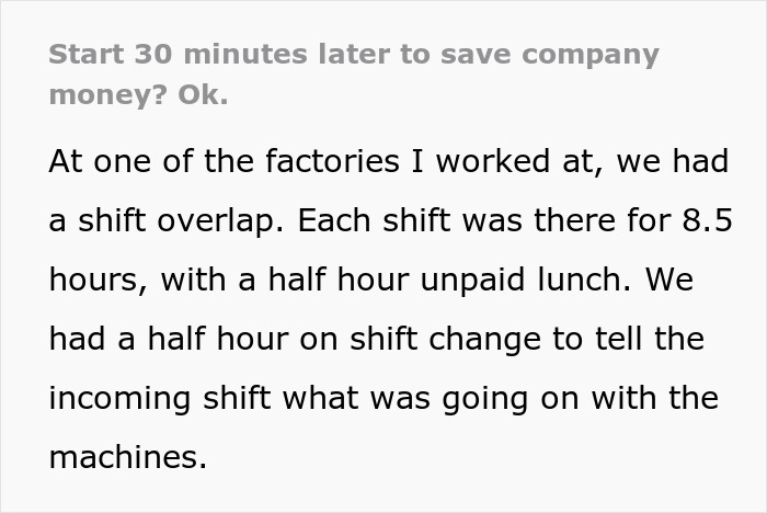 Factory workers complying with penny-pinching policies stop going the extra mile, impacting shift overlaps and productivity. Factory workers complying with penny-pinching policies stop going the extra mile, impacting shift overlaps and productivity.