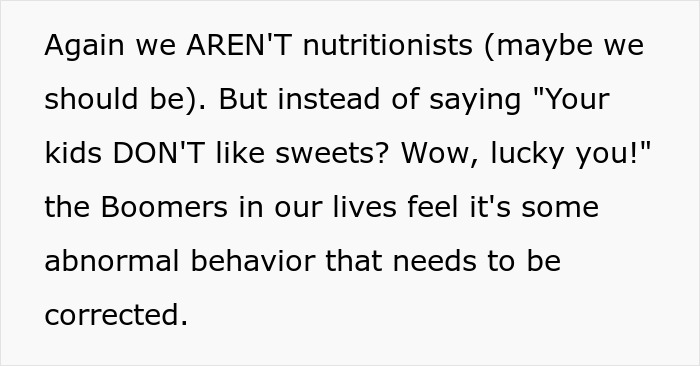 Text image showing a statement about Boomers undermining kids' healthy habits with sweets, highlighting generational conflict.