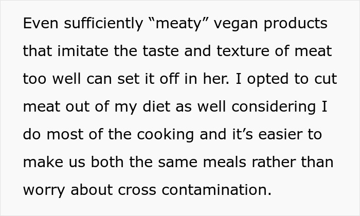 Text excerpt discussing vegan products that imitate meat and avoiding cross contamination when cooking for a meat-allergic woman.