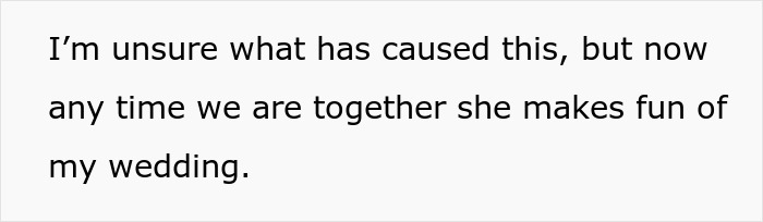 Text on white background expressing frustration about cousin insulting wedding and woman clapping back confidently.