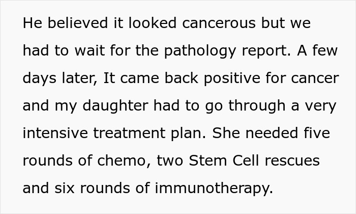 Text describing cancer diagnosis and intensive treatment including chemo, stem cell rescues, and immunotherapy for a dying granddaughter.