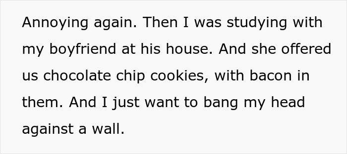 Text from a post describing a boyfriend&rsquo;s family putting bacon in chocolate cookies despite dietary restrictions.