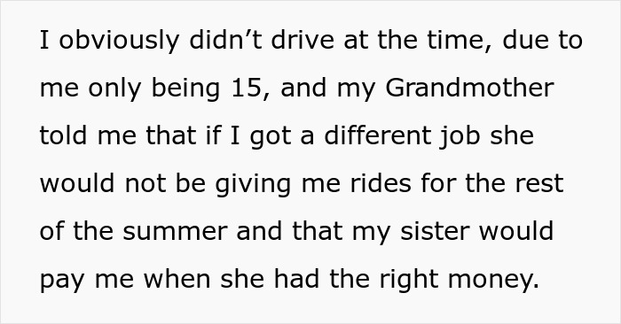 Text excerpt discussing a 15-year-old told by grandmother about rides and sister paying after getting a different job.