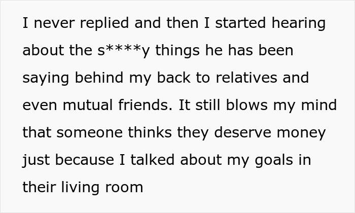 Screenshot of text about a guy trying to cash in on a job cousin found through a friend&rsquo;s conversation.