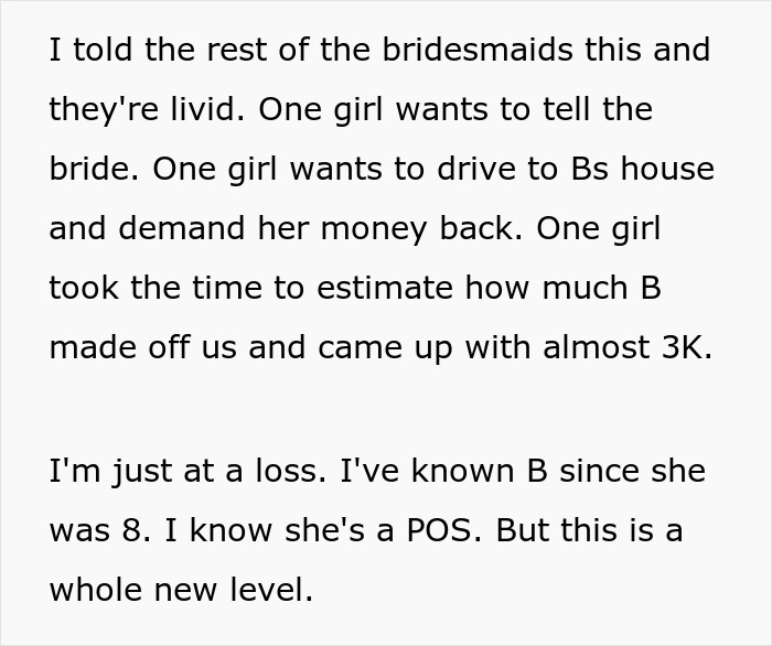 Text excerpt about bridesmaids upset after MOH overcharged them and pocketed nearly $3,000 from the bachelorette funds.