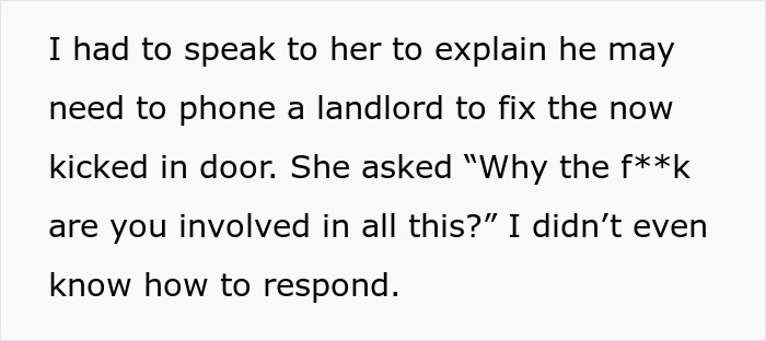 Text on screen showing a conversation about authorities breaking down a door after a worried girlfriend's call.