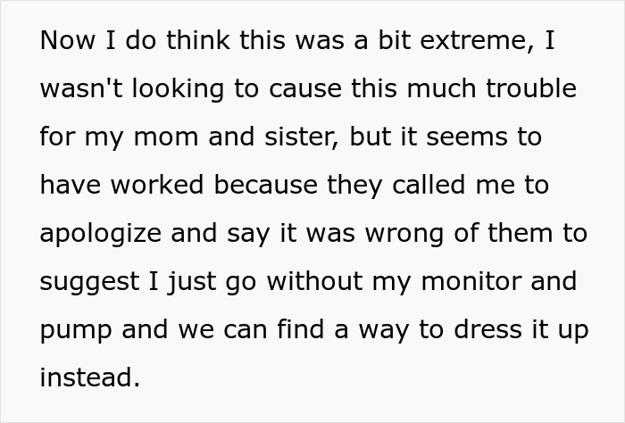 Text excerpt about woman refusing to risk her health for sister&rsquo;s wedding photo aesthetic, causing family upset and apology.