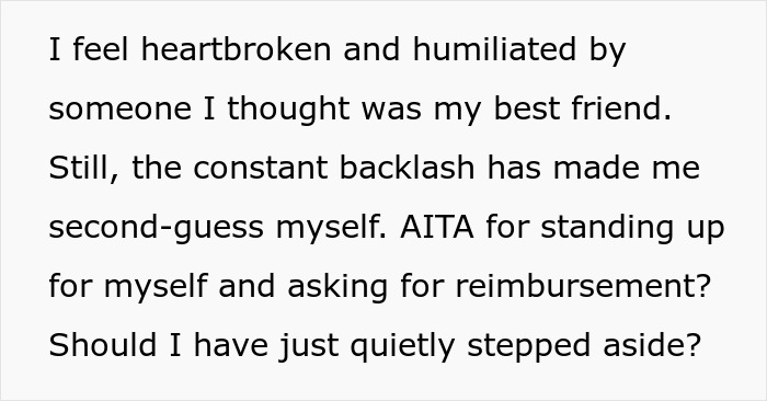 Alt text: Text about maid of honor feeling heartbroken and asking for reimbursement after bride excludes her due to pregnancy weight Alt text: Text about maid of honor feeling heartbroken and asking for reimbursement after bride excludes her due to pregnancy weight