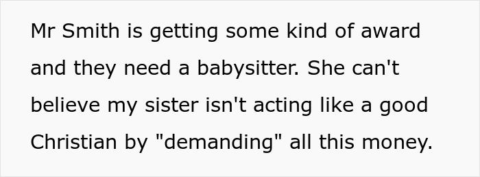 Text excerpt from a story about a religious couple refusing to pay their babysitter, sparking a Bible-based revenge plan. Text excerpt from a story about a religious couple refusing to pay their babysitter, sparking a Bible-based revenge plan.