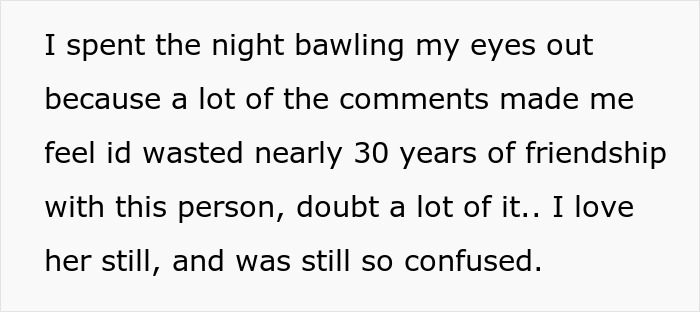 Text excerpt revealing emotional response about a friendship tested over psoriasis and wedding body makeup conflict.