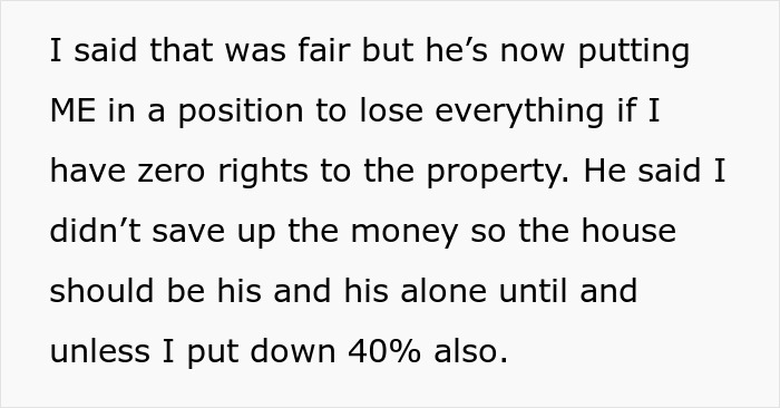 Text excerpt about a woman facing challenges after partner&rsquo;s decision to buy a house solely in his name.