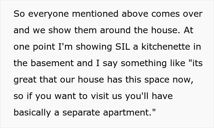 Text showing a person describing the new house basement kitchenette to greedy SIL wanting in on brother’s new house. Text showing a person describing the new house basement kitchenette to greedy SIL wanting in on brother’s new house.