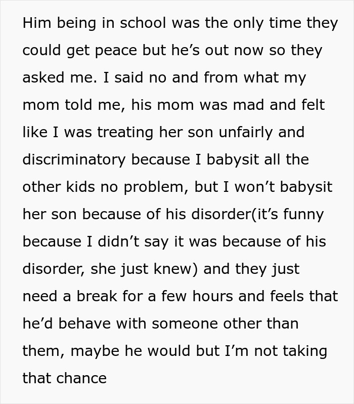 Babysitter refuses to watch one child due to disorder, mother accuses her of discrimination and unfair treatment.