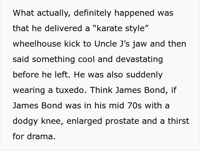 Text excerpt describing a man in a tuxedo delivering a dramatic "karate style" kick, hinting at wedding drama and a divorce.