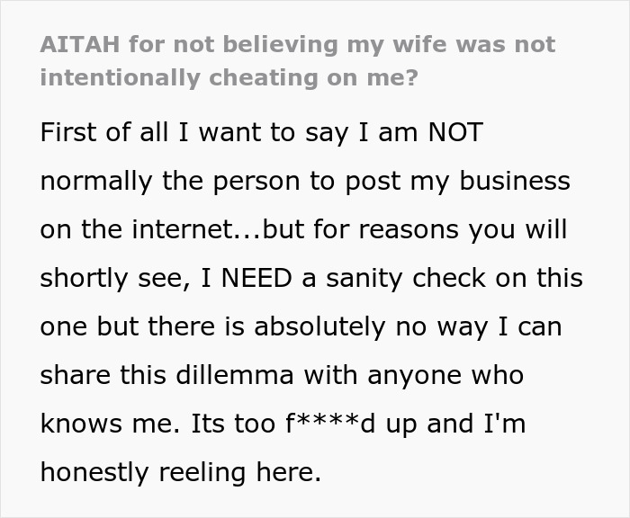 Text post asking for a sanity check about wife cheating on husband with an unbelievable mind control excuse.