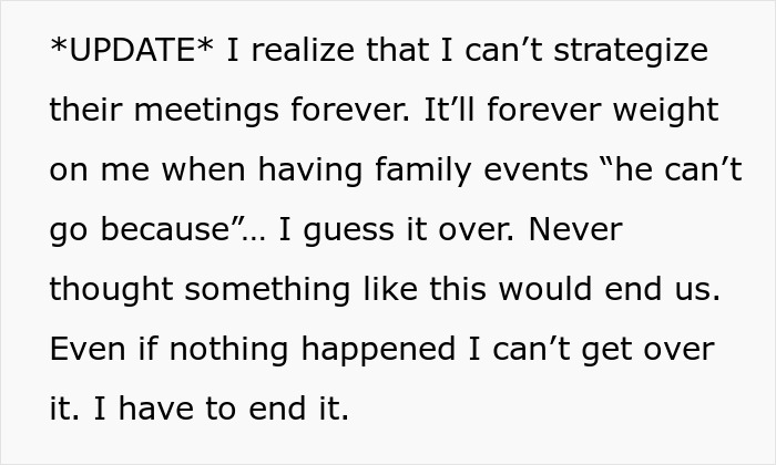 Text screenshot of a woman’s reflection on being caught in bathroom together during party with fiancé and cousin, claiming innocence. Text screenshot of a woman’s reflection on being caught in bathroom together during party with fiancé and cousin, claiming innocence.