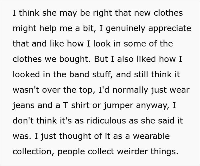 Text discussing girlfriend behaviour change in relationship about clothing preferences and opinions on style choices.