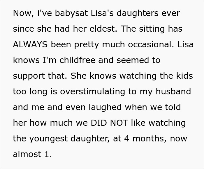 Text excerpt about a child-free lady explaining her occasional babysitting experience for her sister&rsquo;s daughters.