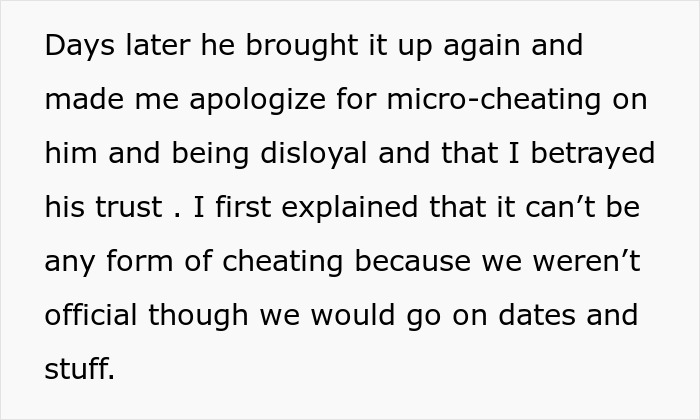 Text excerpt discussing apology for micro-cheating and accusations of disloyalty in a relationship.