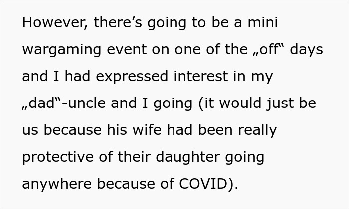 Screenshot of text about a mini wargaming event and protective family concerns during COVID on off days.
