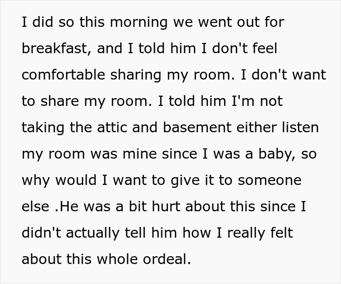 Text excerpt showing a 22-year-old confronting her dad about sharing her room amid family conflict with his girlfriend.