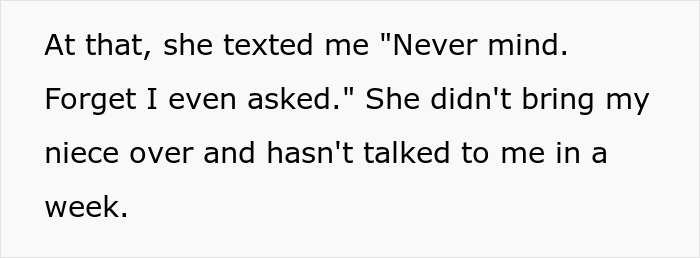 Text message describing a child-free lady&rsquo;s sister stopping communication after a babysitting disagreement.
