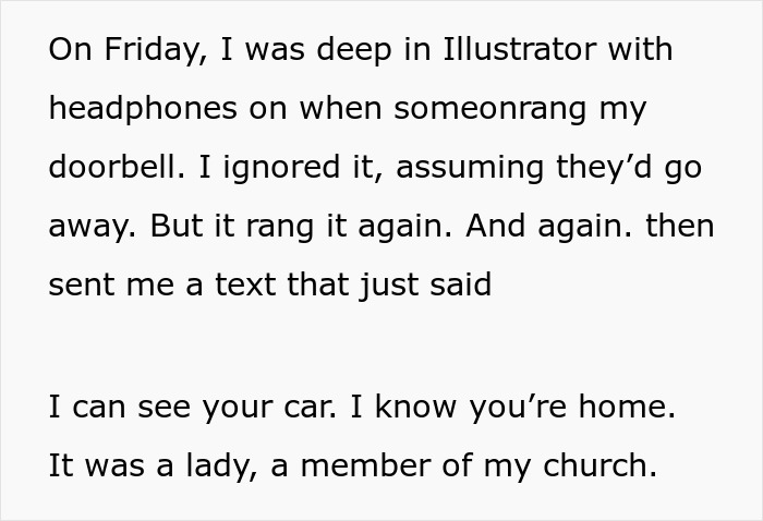 Text excerpt from a freelancer describing an entitled church member demanding free work while they work from home.
