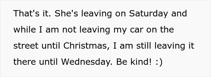 Text showing a person refusing to move her car from a public spot despite a neighbor’s request to park. Text showing a person refusing to move her car from a public spot despite a neighbor’s request to park.