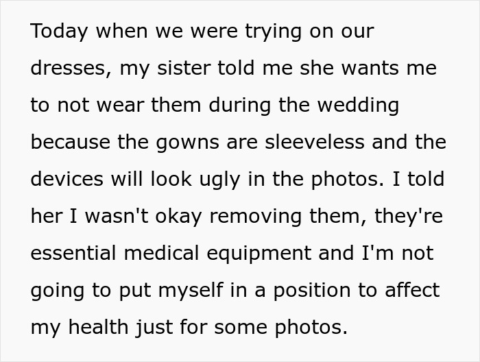 Woman refuses to risk her health by removing medical devices for sister&rsquo;s wedding photo, causing family upset.