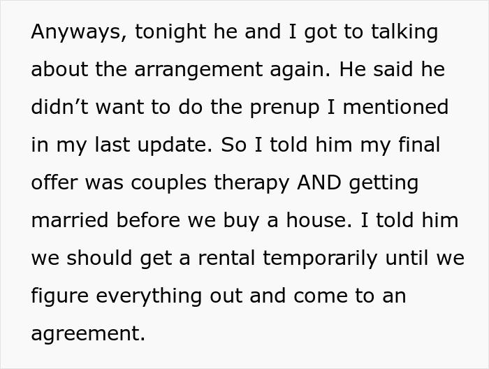 Text excerpt about a woman at crossroads after partner of 10 years wants to buy a house only for him.