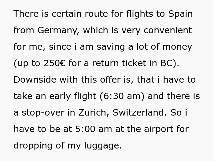 Text about an entitled mother insisting on paying for an upgrade while discussing flight convenience and costs.