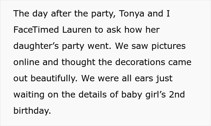 Text excerpt about discussing a friend's kid&rsquo;s party after attending, highlighting friend wanting to cancel child's party.