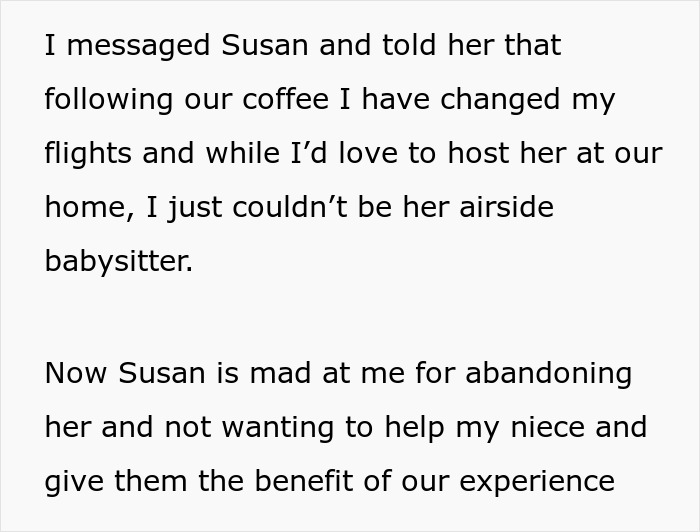 Message explaining rebooking a flight to avoid babysitting niece, causing family conflict and frustration. Message explaining rebooking a flight to avoid babysitting niece, causing family conflict and frustration.