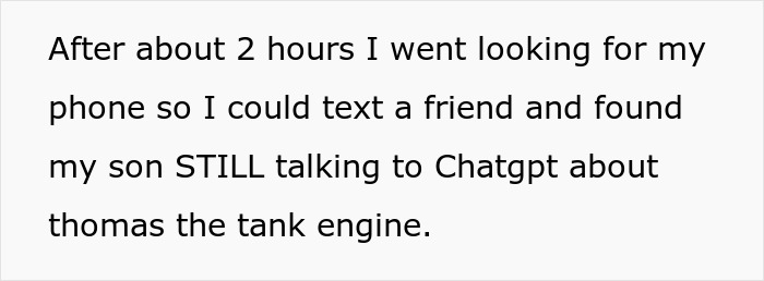 Text about parent finding 4-year-old still talking to ChatGPT about Thomas the Tank Engine after hours on new iPad kid just dropped. Text about parent finding 4-year-old still talking to ChatGPT about Thomas the Tank Engine after hours on new iPad kid just dropped.