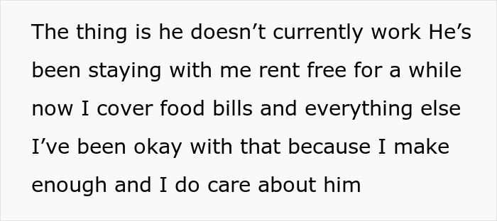 Text excerpt showing a woman explaining about her jobless boyfriend living rent free and her financial support at home.
